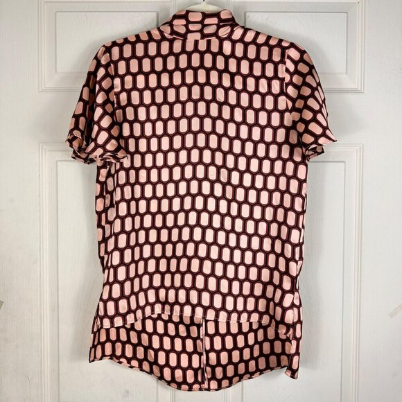 Zara Short Sleeve Blouse Burgundy Cream‎ Geometric Print Bow Satin Size XSmall - Picture 5 of 9